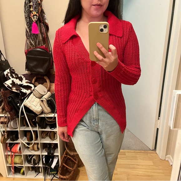 H&M Red Open Knit Cotton Blend Collared Button Down Long Cardigan size XS - Picture 6 of 13